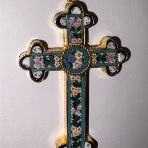 Blue Floral Micro Mosaic Cross Pendant Italy